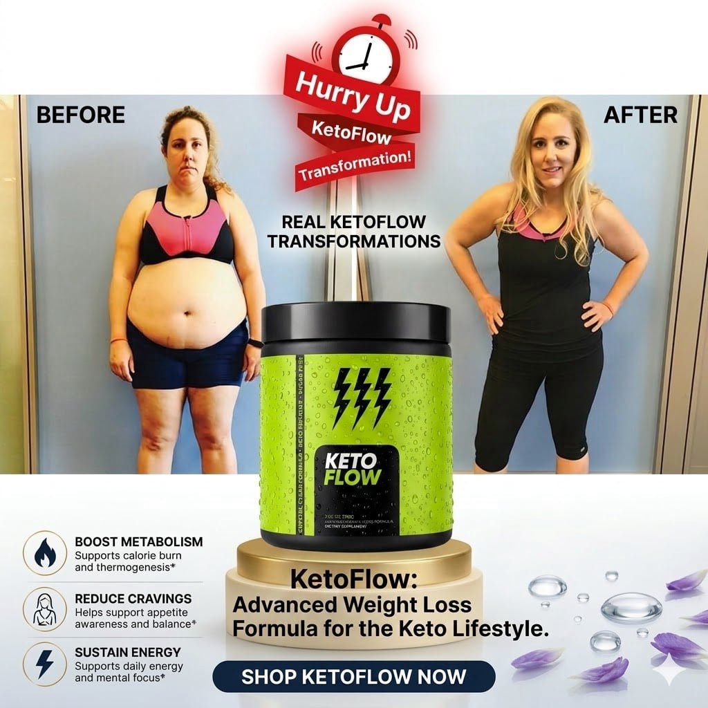 ketoflow advertisement displaying a woman's weight loss transformation and product benefits.